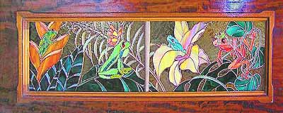 Two panels of flowers and frogs for a client's piano