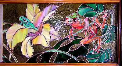 the right panel of frogs and flowers